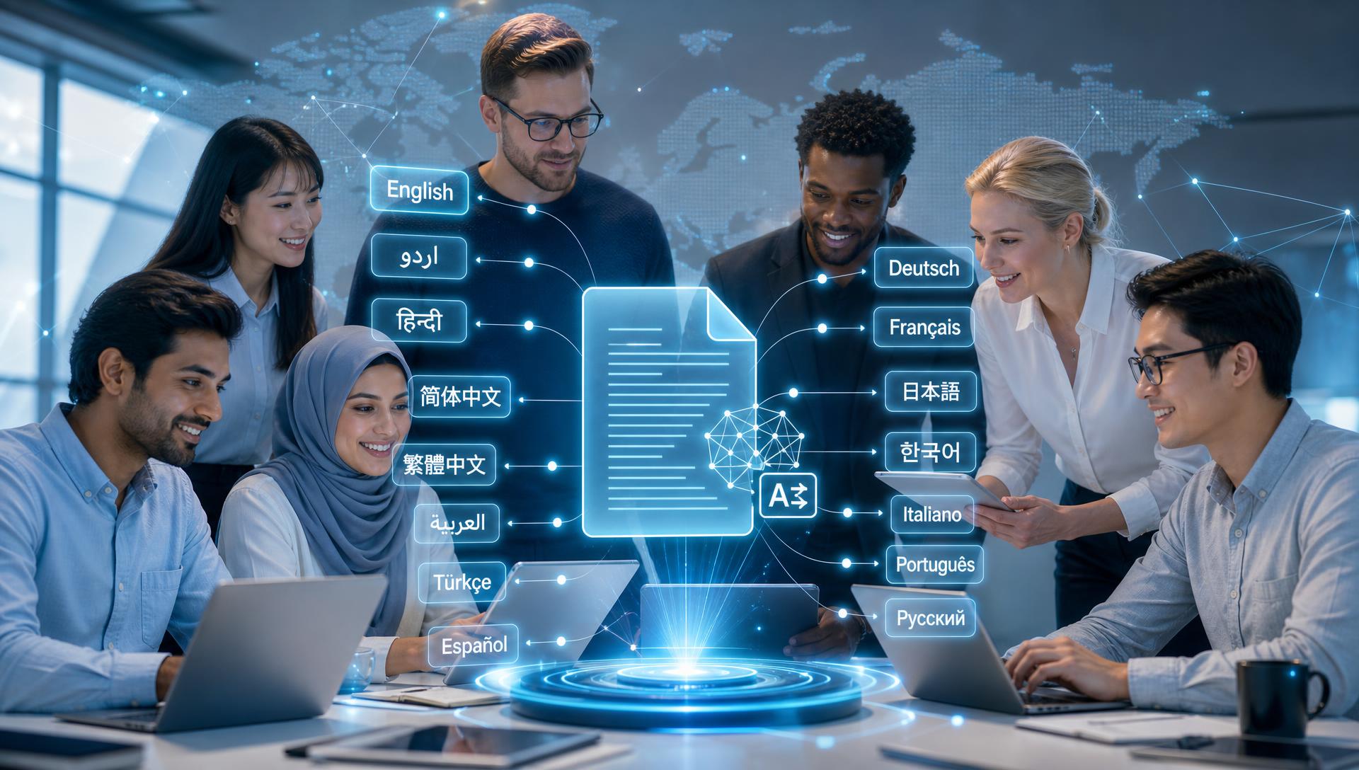 Students and professionals from different countries translating a digital document with AI into English, Urdu, Hindi, Sindhi, Arabic, Chinese and more