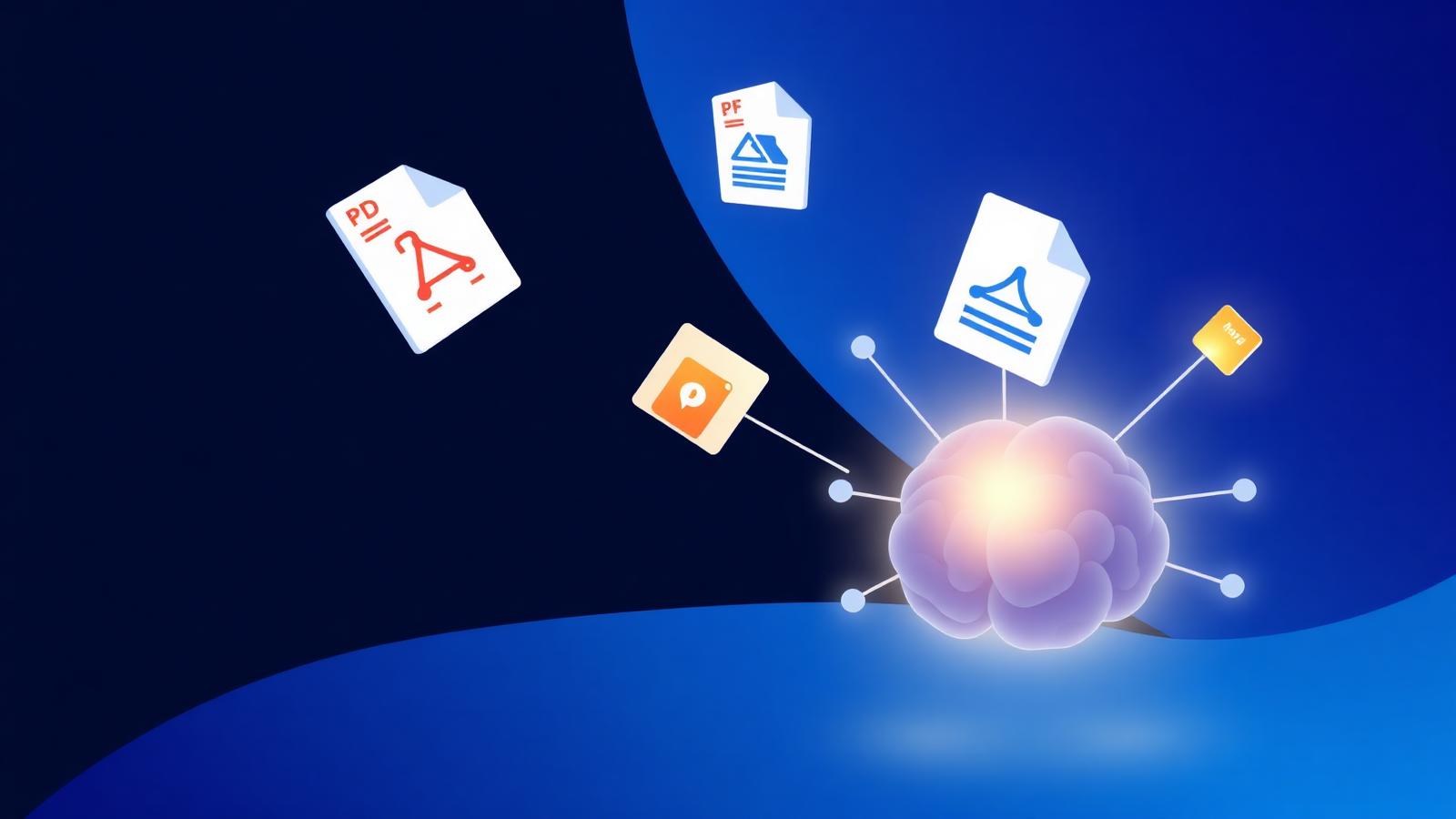 Files flowing into an AI brain — NovaDocs AI upload illustration