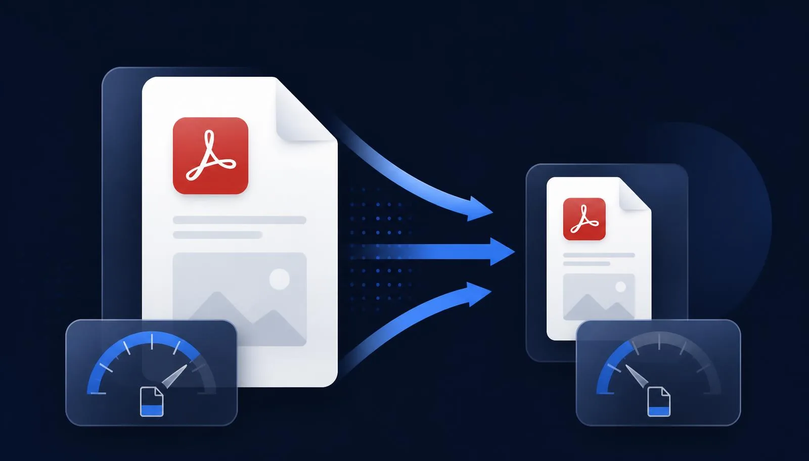 A large PDF document being compressed into a smaller file while text and images stay sharp, shown with file-size gauges