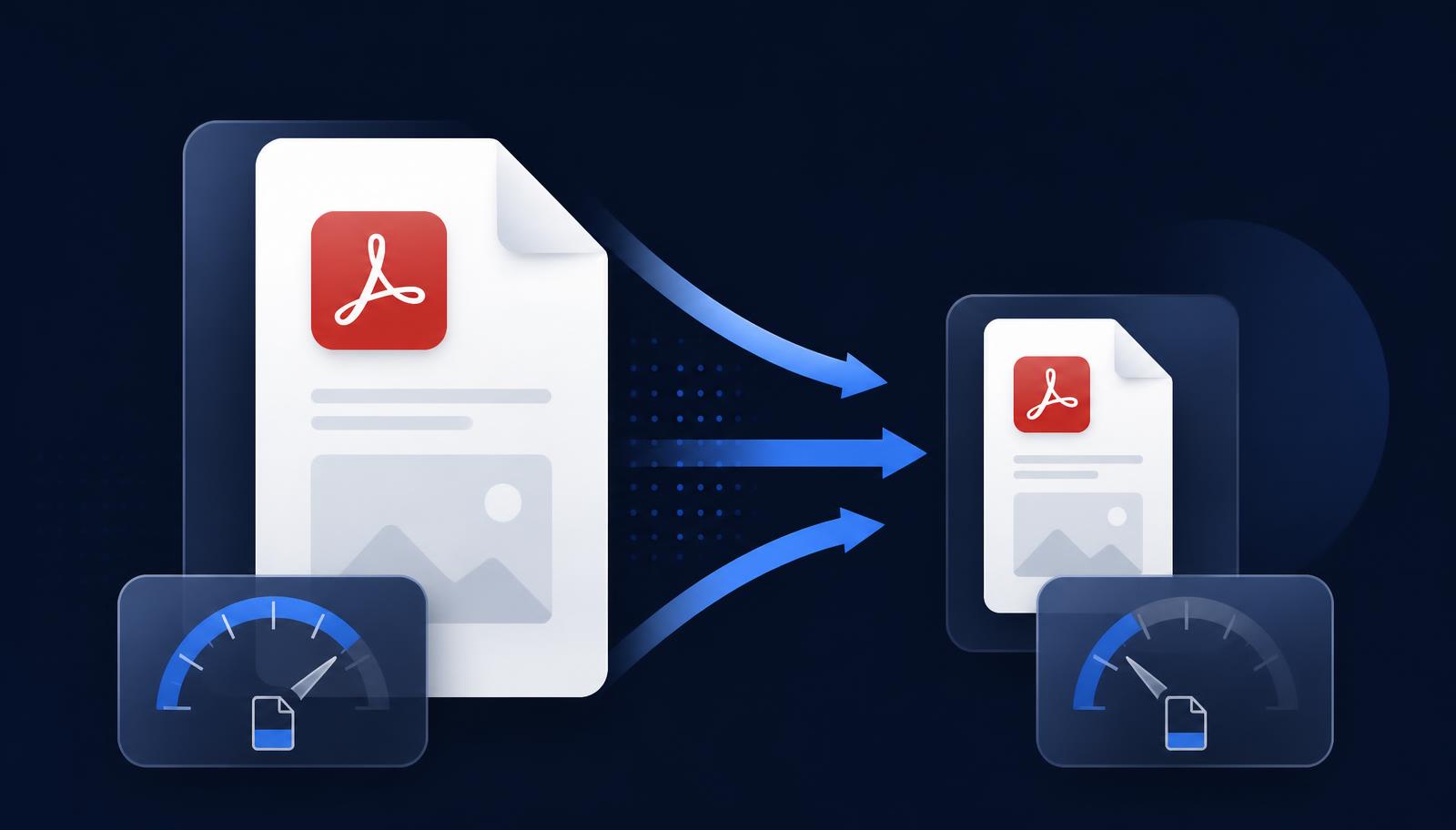 A large PDF document being compressed into a smaller file while text and images stay sharp, shown with file-size gauges