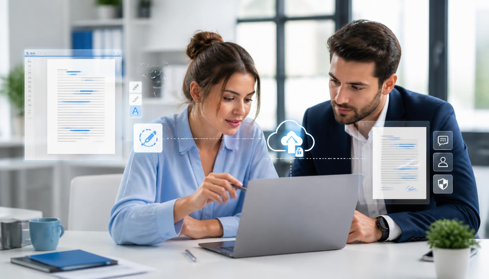 Two professionals editing a PDF contract on a laptop in a bright office, with PDF editing and secure cloud icons around the screen
