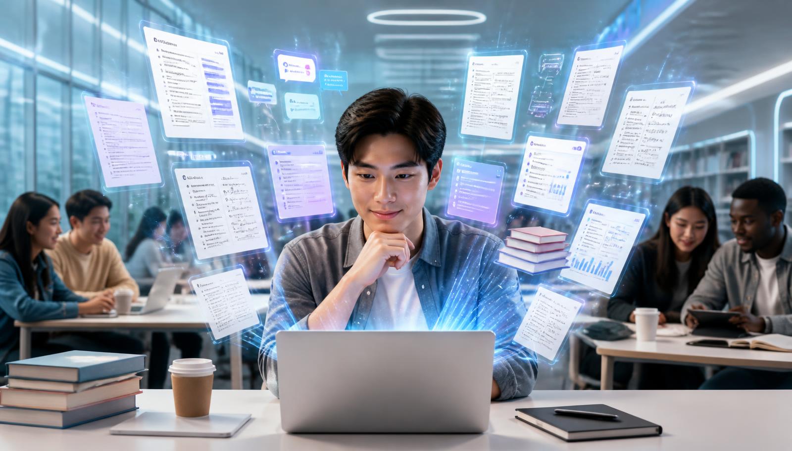 University student using the NovaDocs AI study assistant on a laptop surrounded by PDFs, notes, flashcards, quizzes and AI summaries
