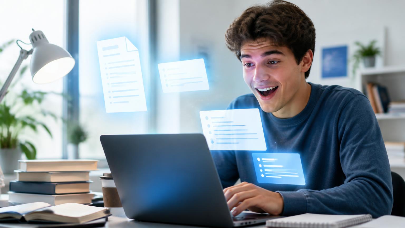University student in a bright study room watching a long PDF turn into short AI-generated summary notes on a laptop