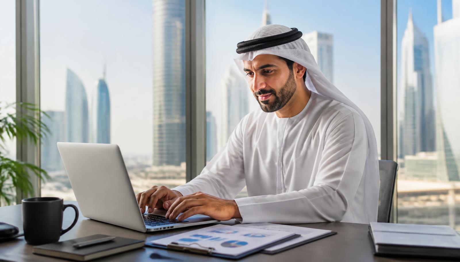 رجل أعمال إماراتي يعمل على حاسوبه المحمول في مكتب حديث بدبي أثناء تحويل ملف PDF إلى Word