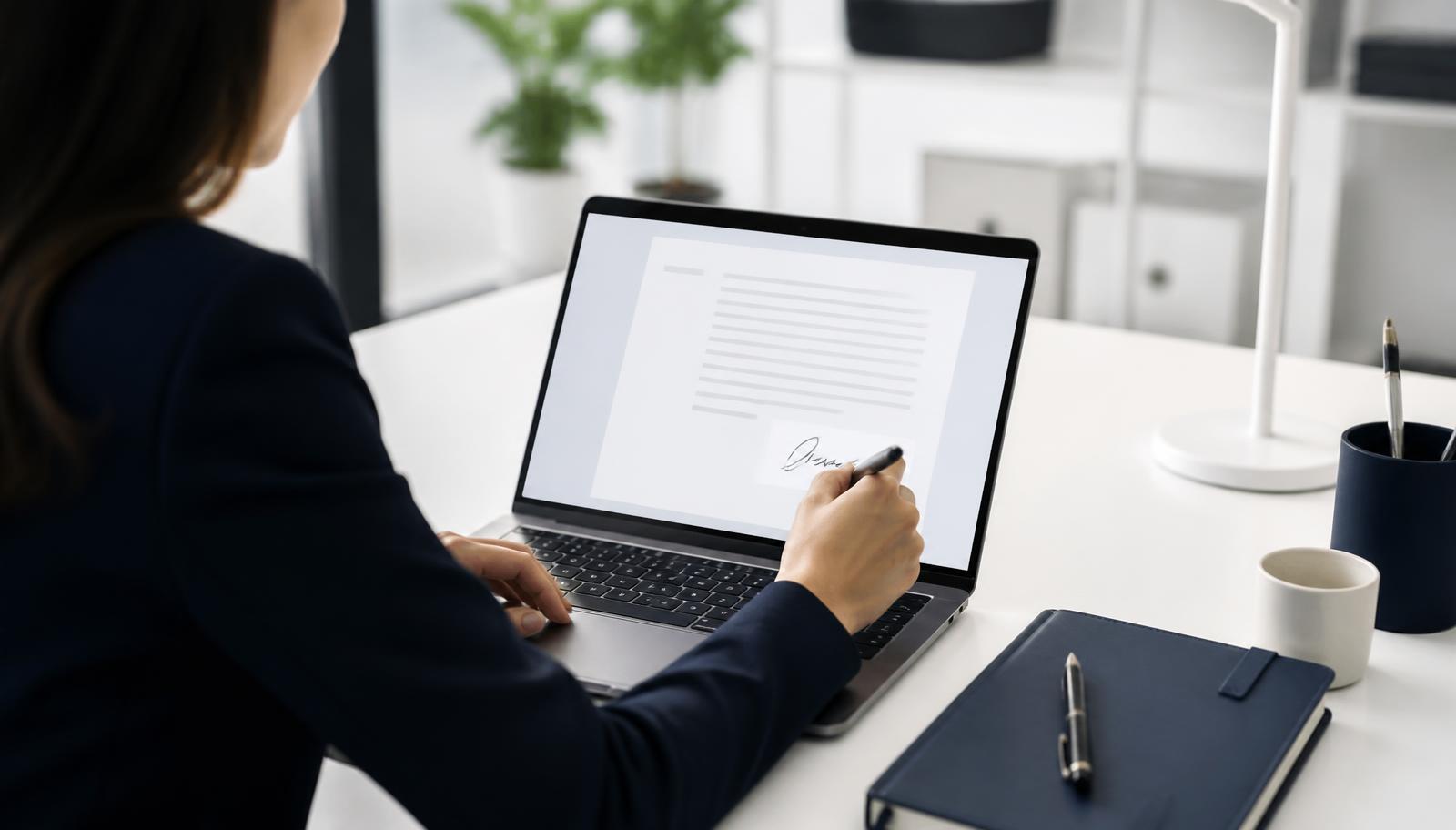 A professional adding an electronic signature to a PDF document on a laptop at a bright office desk