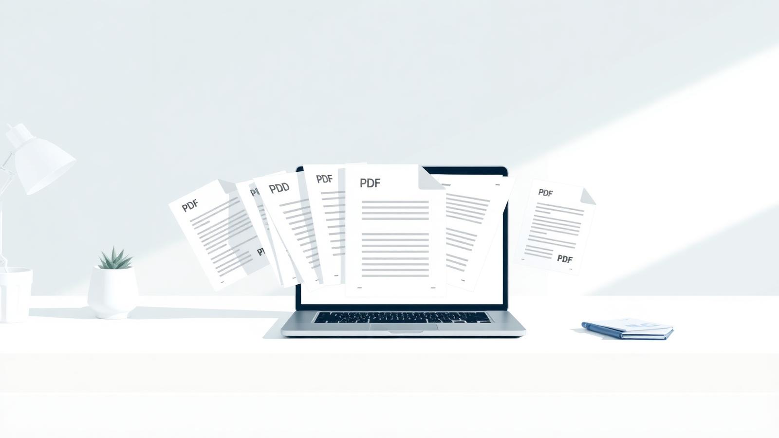 Several separate PDF pages combining into one merged PDF document on a laptop screen