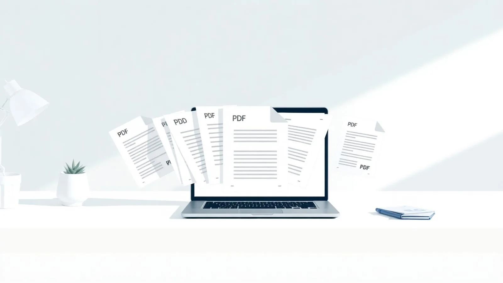 Several separate PDF pages combining into one merged PDF document on a laptop screen