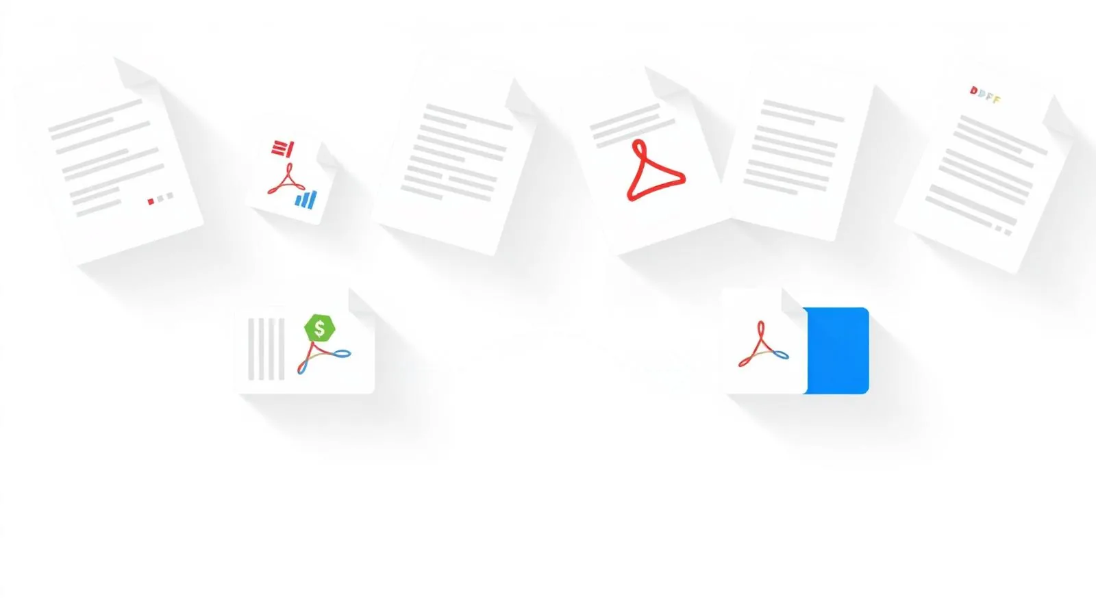 Multiple separate paper documents flowing together and merging into one single PDF file