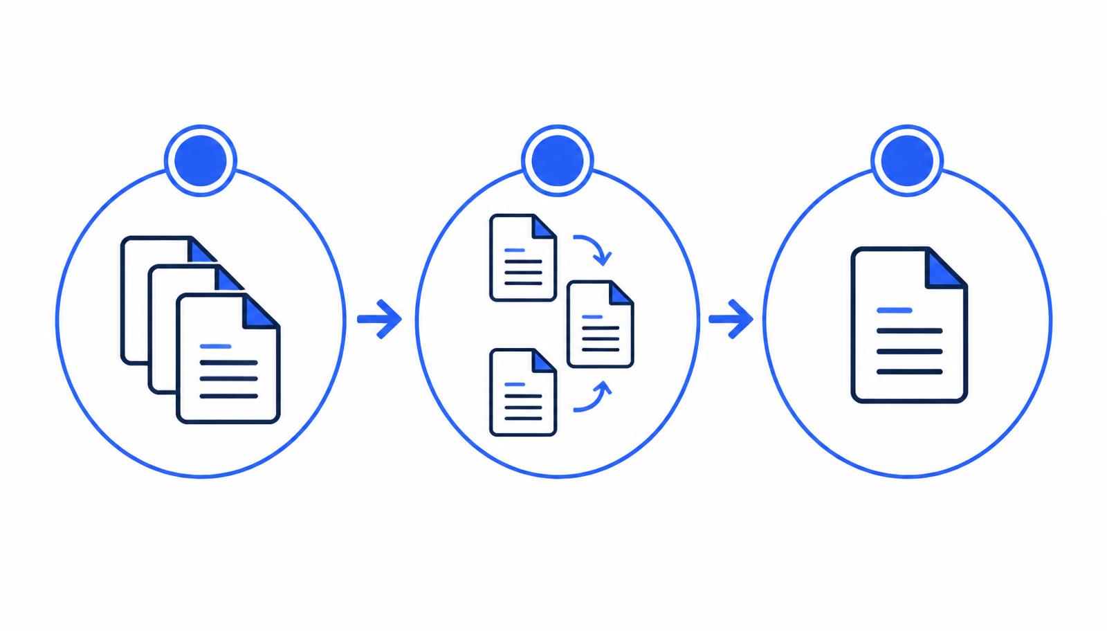 Three step illustration: upload multiple PDFs, reorder them, download one merged file