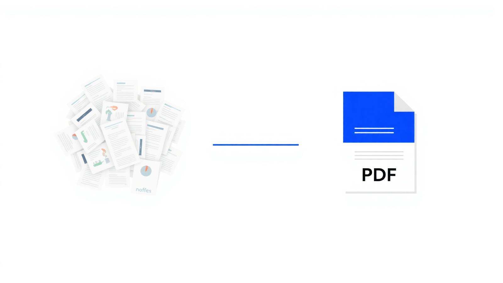 Before and after visual: scattered document files on the left becoming one organised PDF on the right