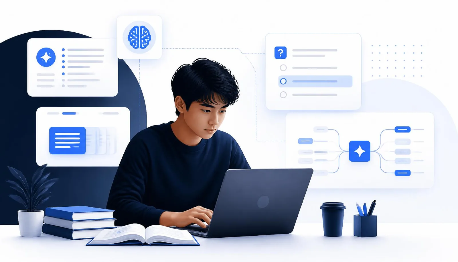 Student using AI study tools on a laptop for faster exam preparation — NovaDocs AI illustration