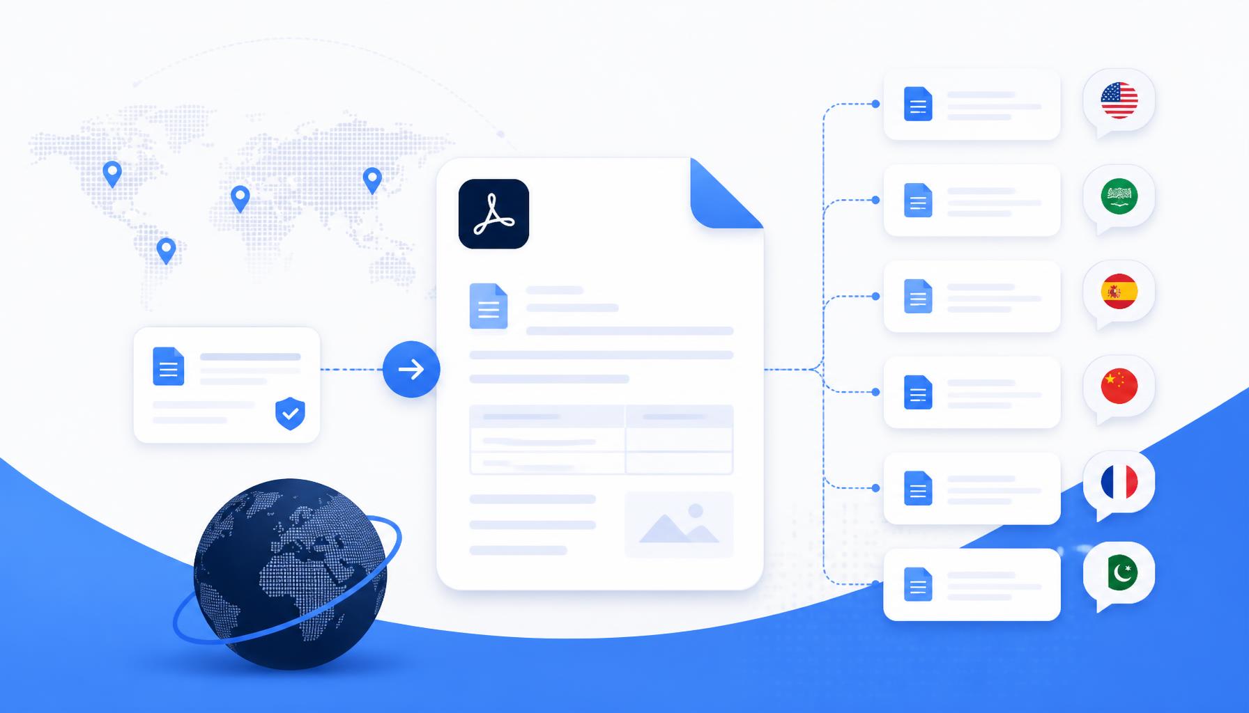 PDF document translating into multiple languages — NovaDocs AI translator illustration