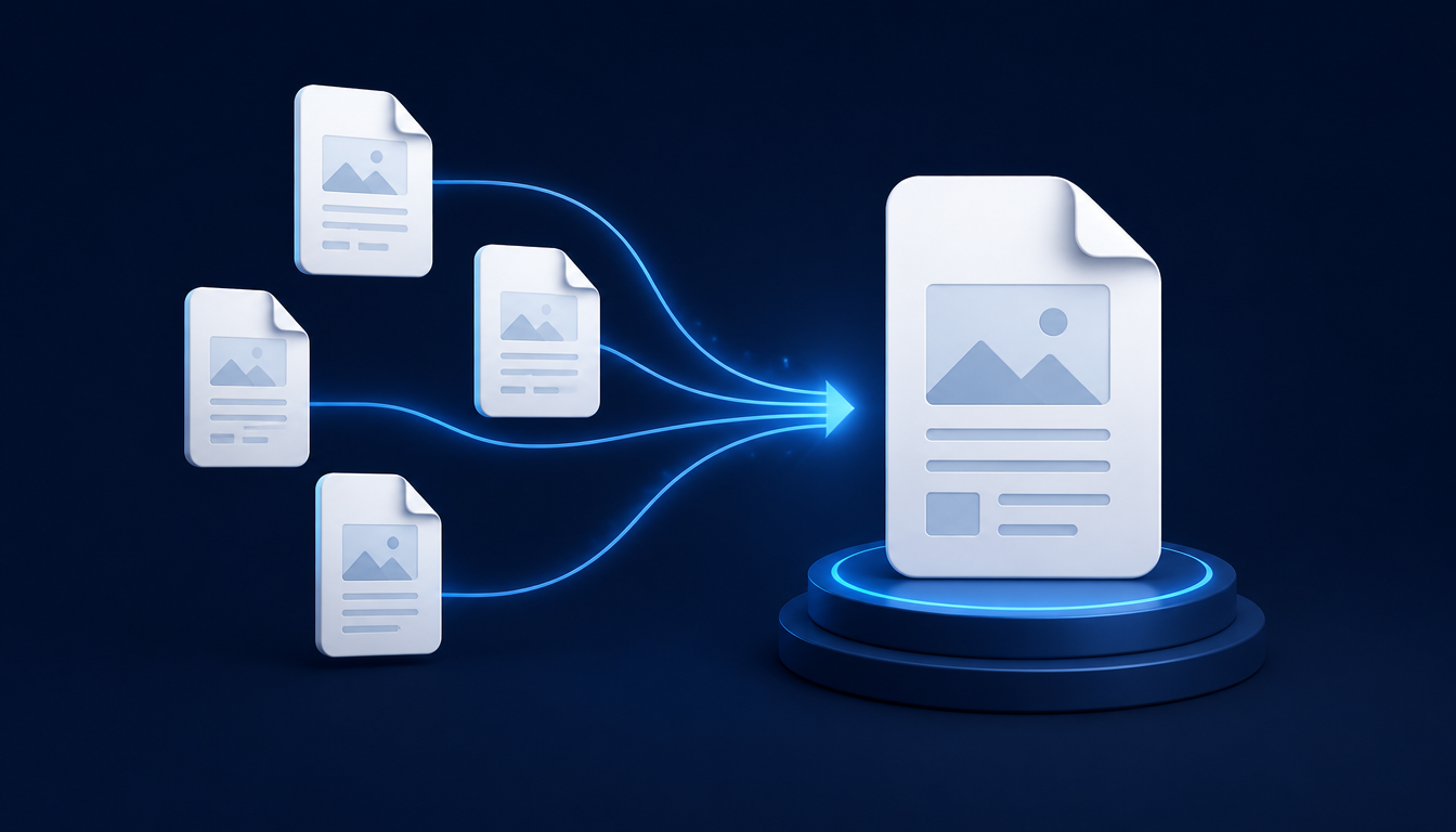 Multiple PDF documents merging into one organized file on a navy background