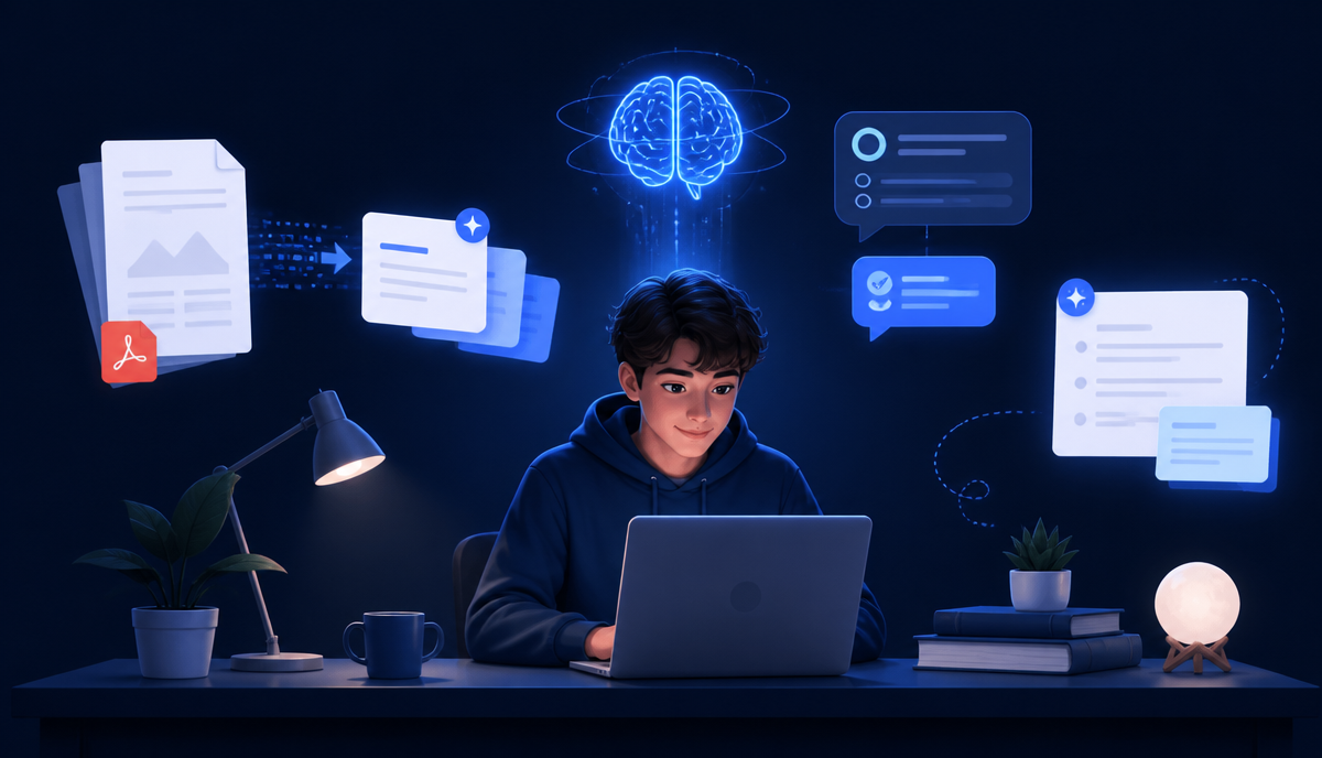 Student using AI study assistant tools on a laptop with floating flashcards, notes and quiz bubbles