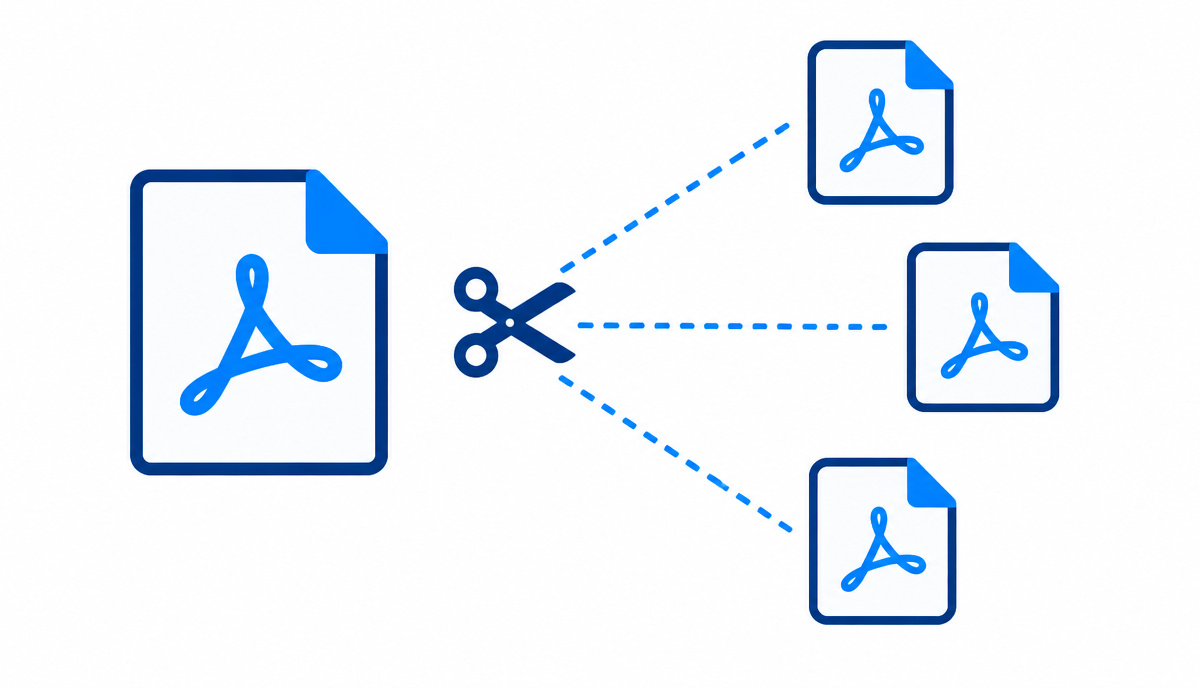 One large PDF document splitting into three smaller PDF files with a scissors icon